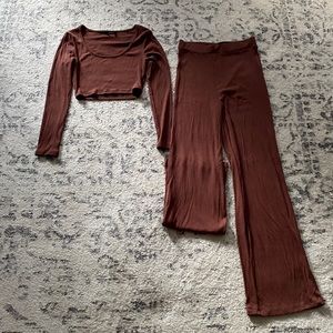 SHEIN Ribbed Crop Top & High Waisted Wide-Leg Pants Set